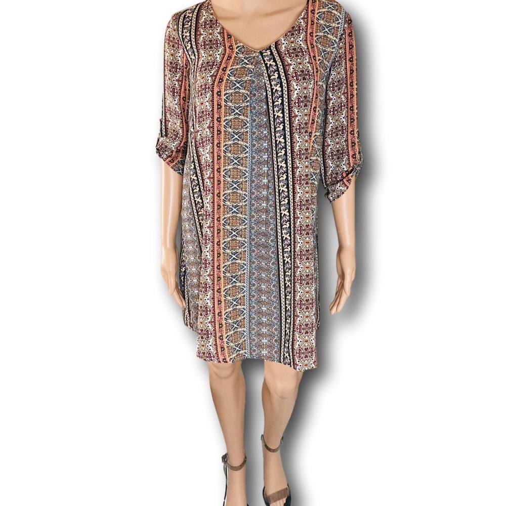 Pink Rose Pattern V Neck 3/4 Sleeve Dress